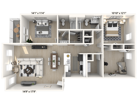 Floor plan for 3 beds, 2 baths, 1331 sqft